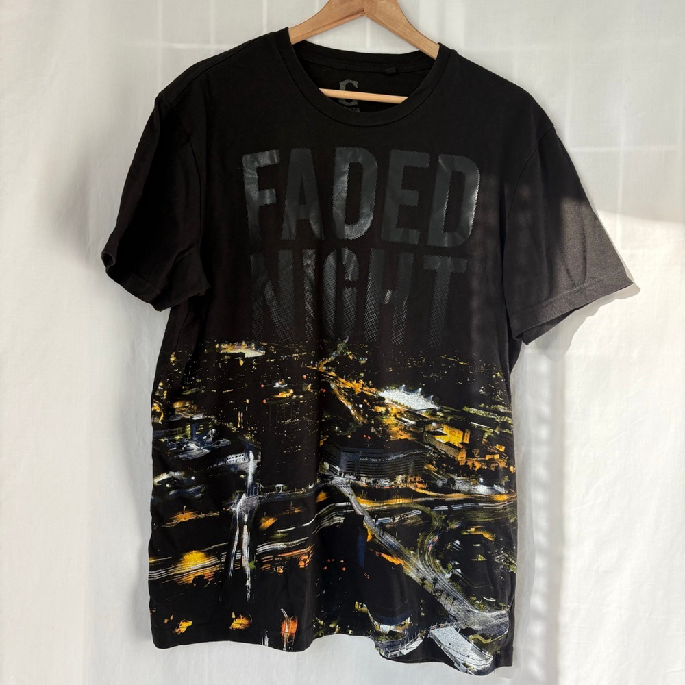 Men's G by Guess Black Yellow Faded Night City Graphic Short Sleeve Tee XL